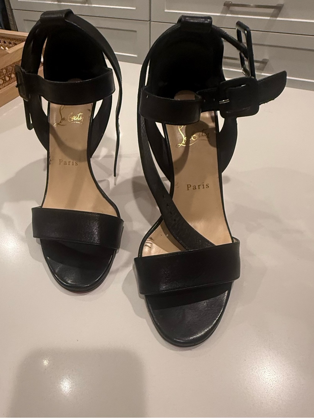 Christian Louboutin multipot Black Leather Strappy Ankle-Heel Sandals sz 39 8.5